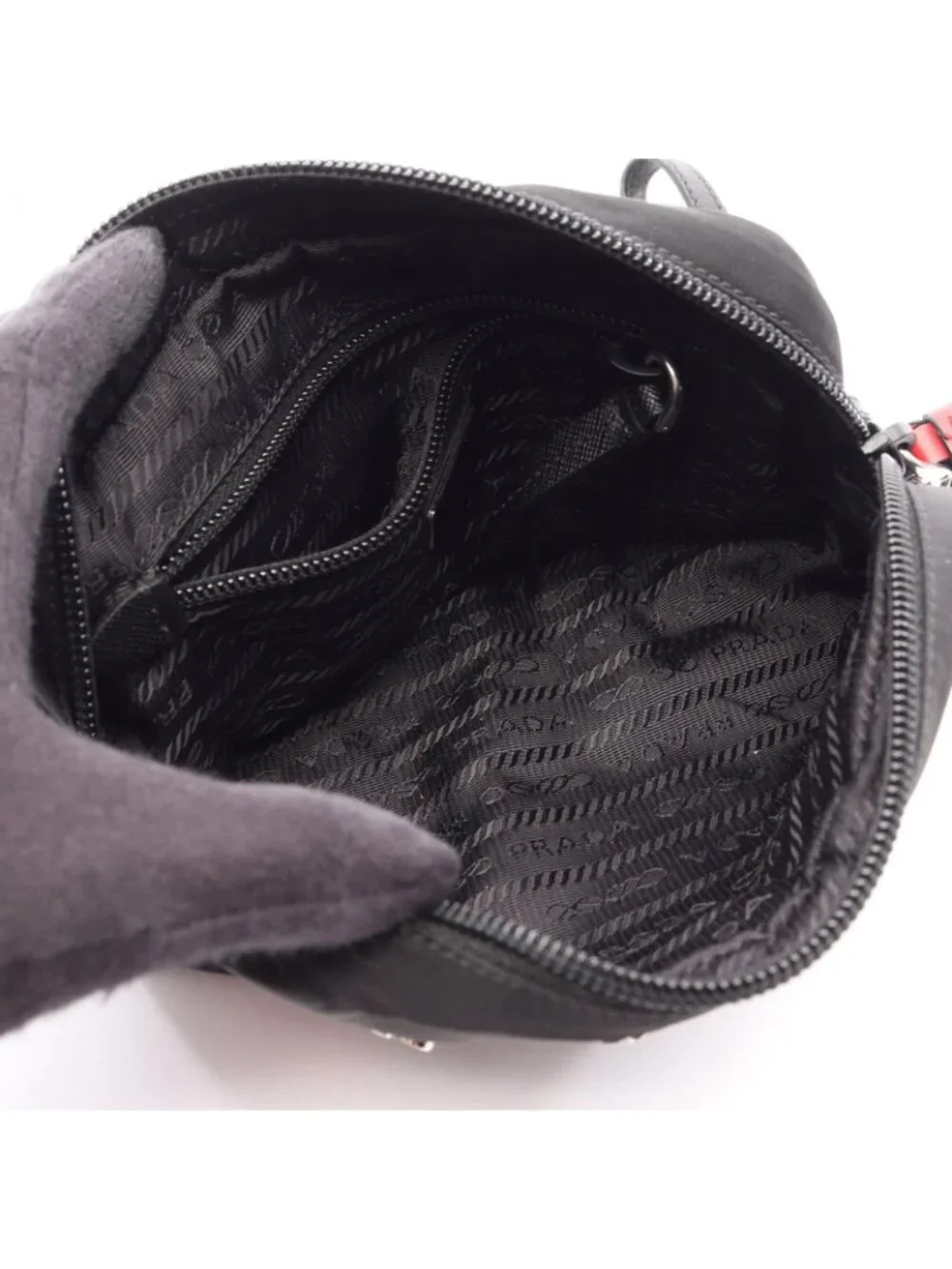 Prada Pouch Black Nylon Saffiano Leather Metal Applique